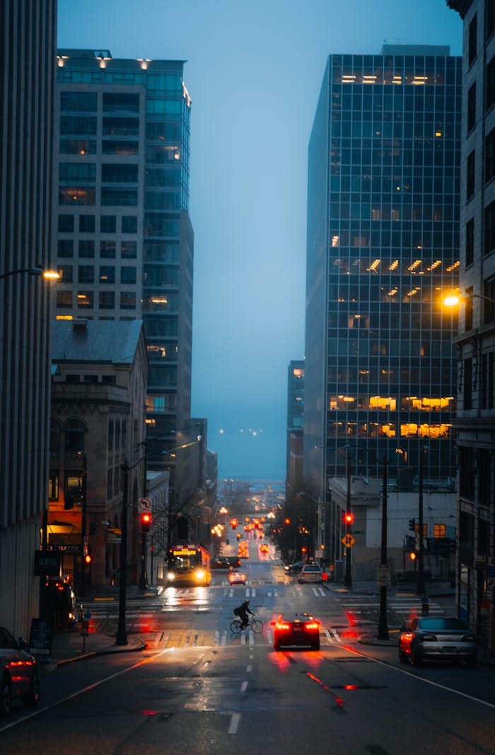 A moody, rainy evening captures the essence of Seattle's urban landscape.